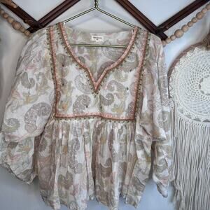 World Market Tan Cream Paisley Embroidered Boho Top